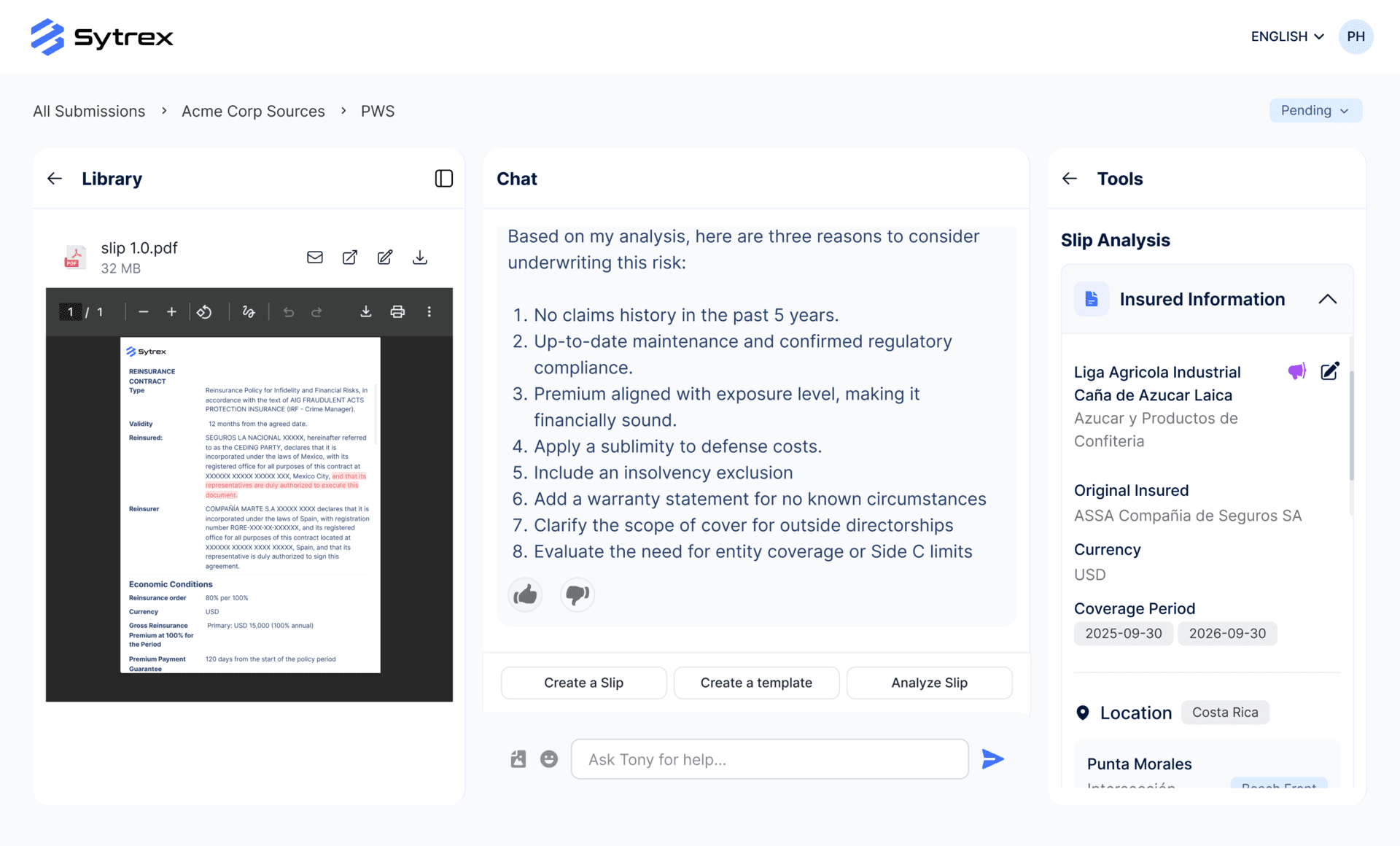 Tony: slip analysis interface
