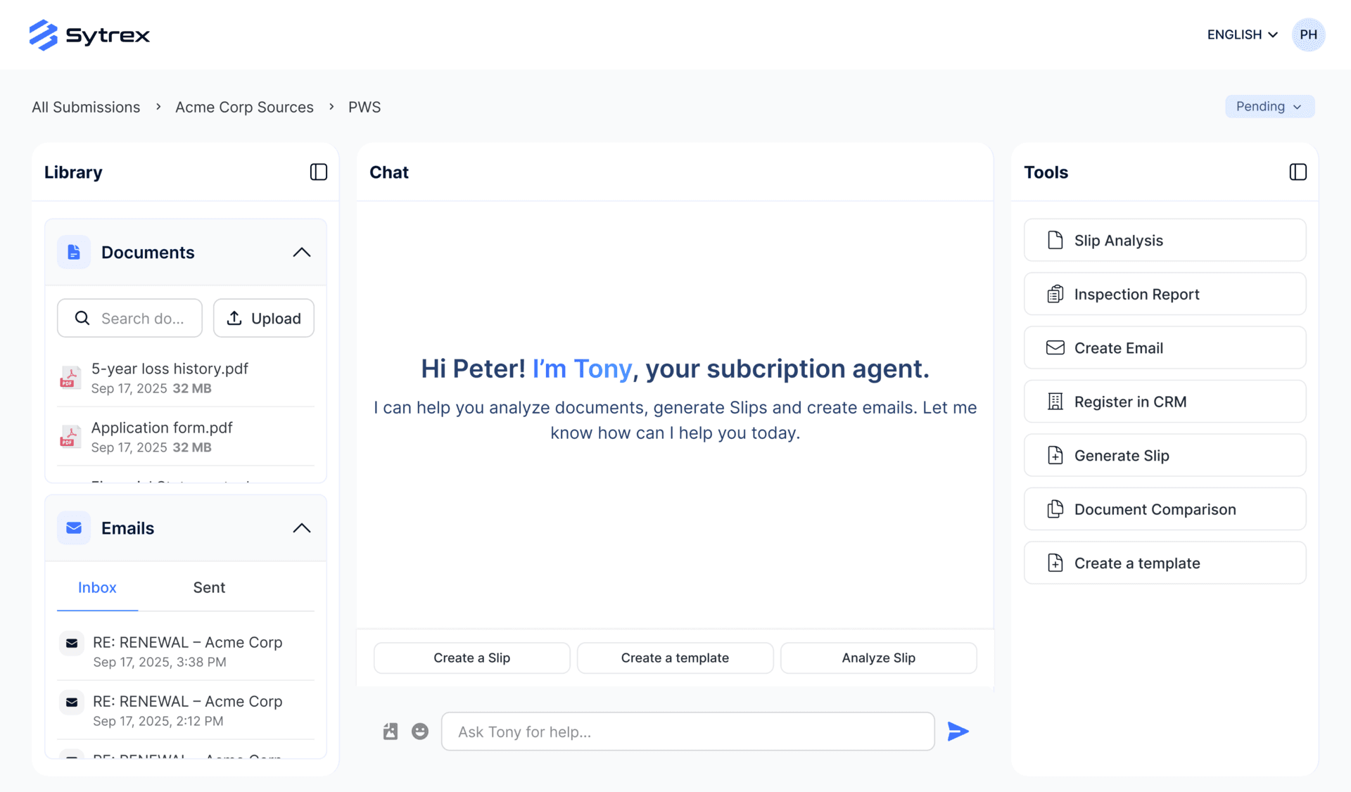 Tony: Library, Chat, and Tools workspace